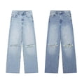 thumbnail image 2 of Summer New Women's European and American Style Ripped Hole Decoration High Waist Straight Jeans-Denim Blue-S, 2 of 6