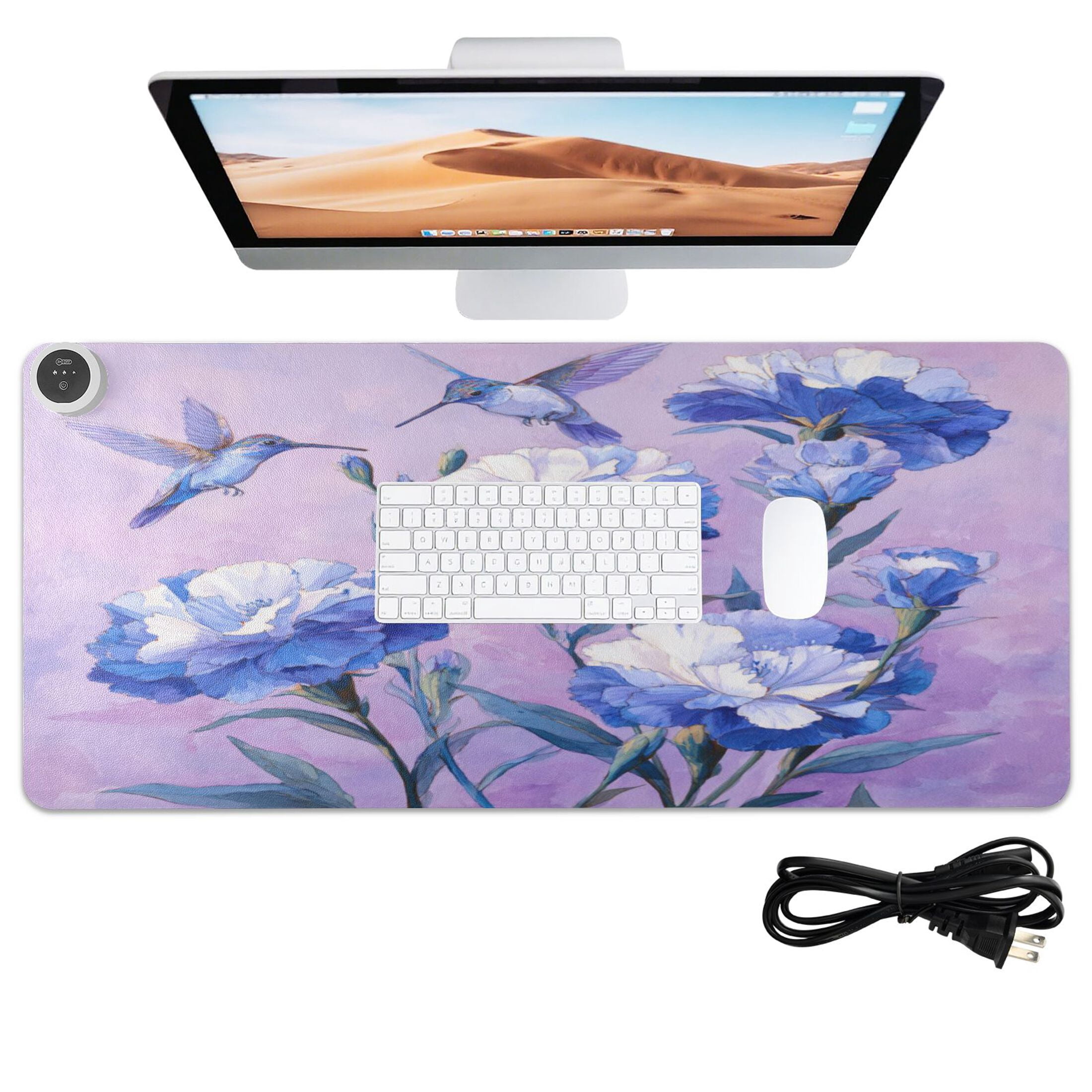 Large Heated Desk Mat Mouse Pad 31.5"x13"PU Leather Graphene Heating Desk Warmer with 3 Temperature Settings 110V US Plug Non-Slip Warm Pad for Home, Office, and Gaming Birds and Deep Blue Flowers