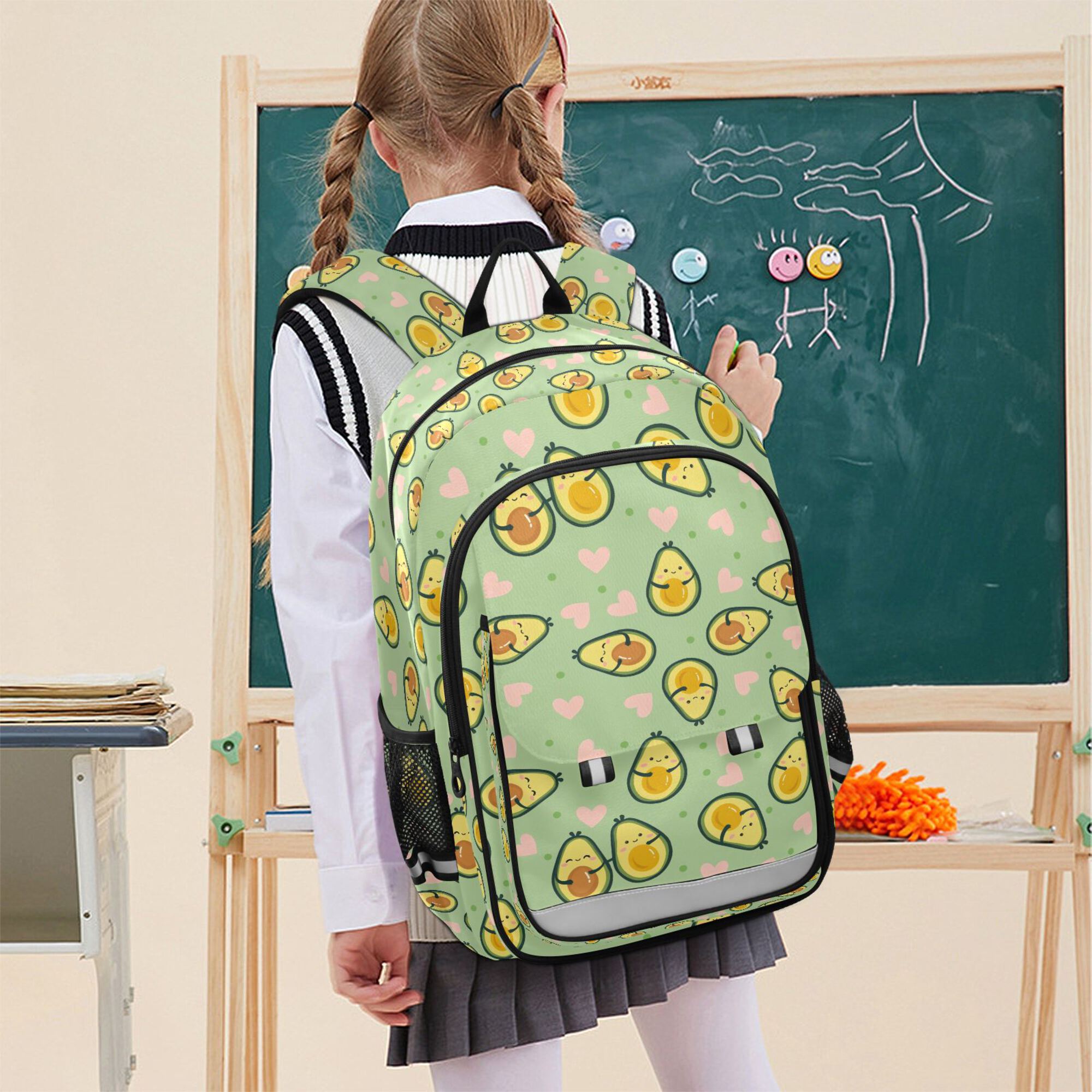 Mochila para niños para la escuela, unisex, de 17", casual, con compartimentos y bolsillos, estampado de aguacate verde 7