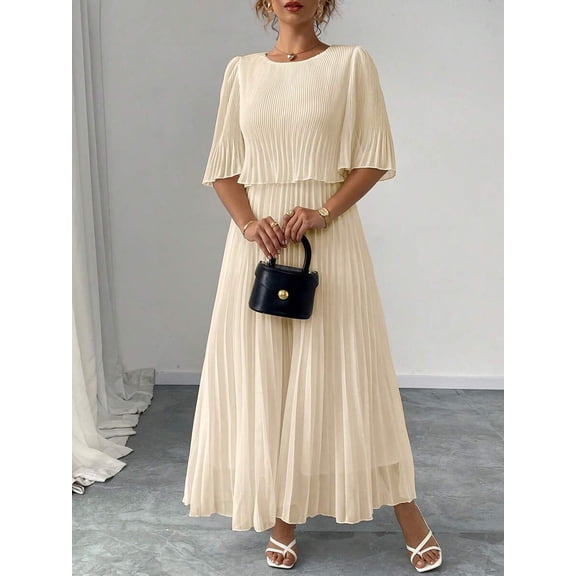 Apricot Solid Chiffon Pleated Maxi Dress With Flared Sleeves For Women