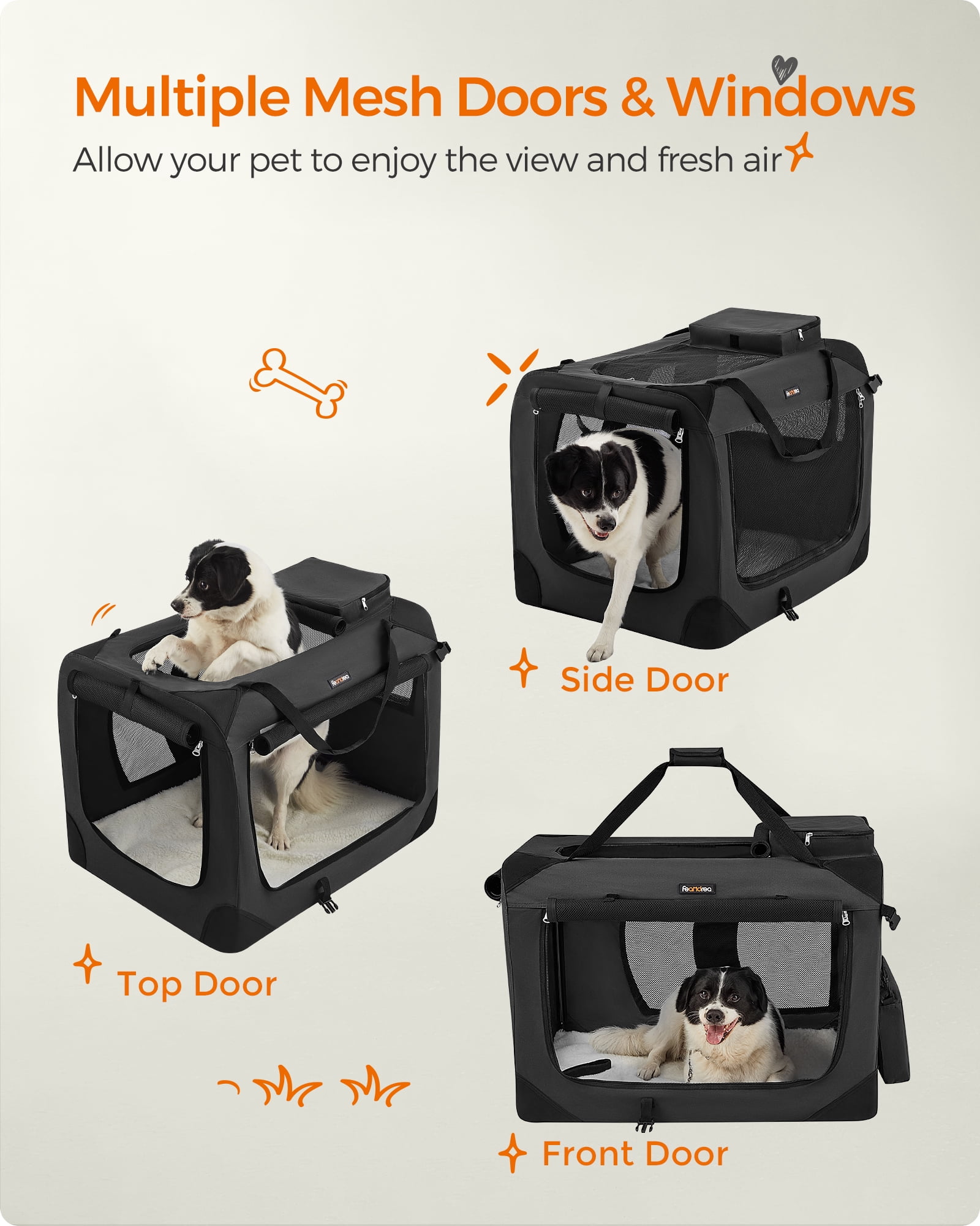 32 Inches Collapsible Soft Dog Crate, Portable Travel Crate for Indoor and Outdoor Use, Dog Carrier Kennel with Safety Zippers, for Living Room, Car, Traveling, Camping, Black