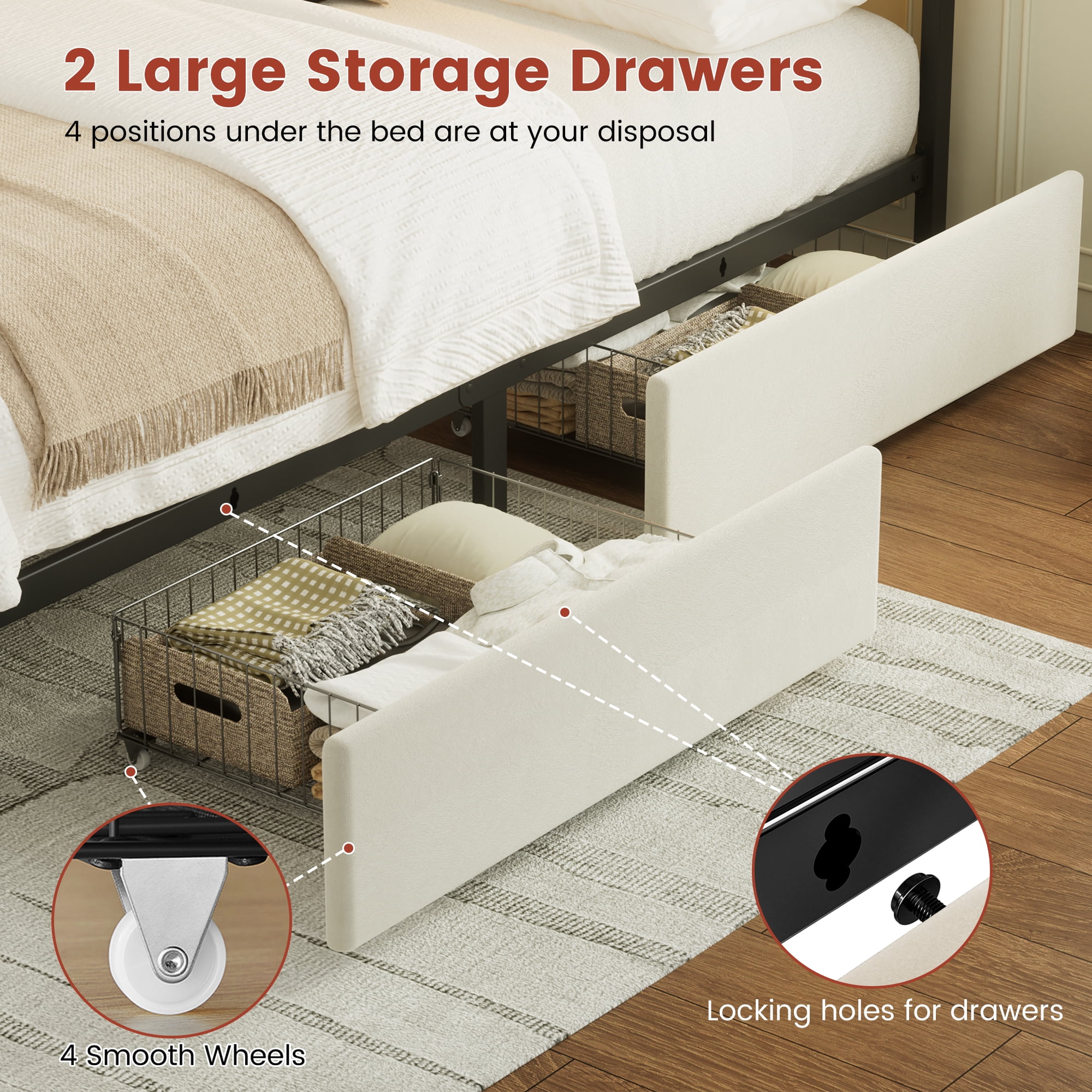 GUNAITO Queen Bed Frame with Headboard, Platform Bed with 2 Drawers, Velvet Upholstered Bed Frame with LED Lights & Charging station，Beige