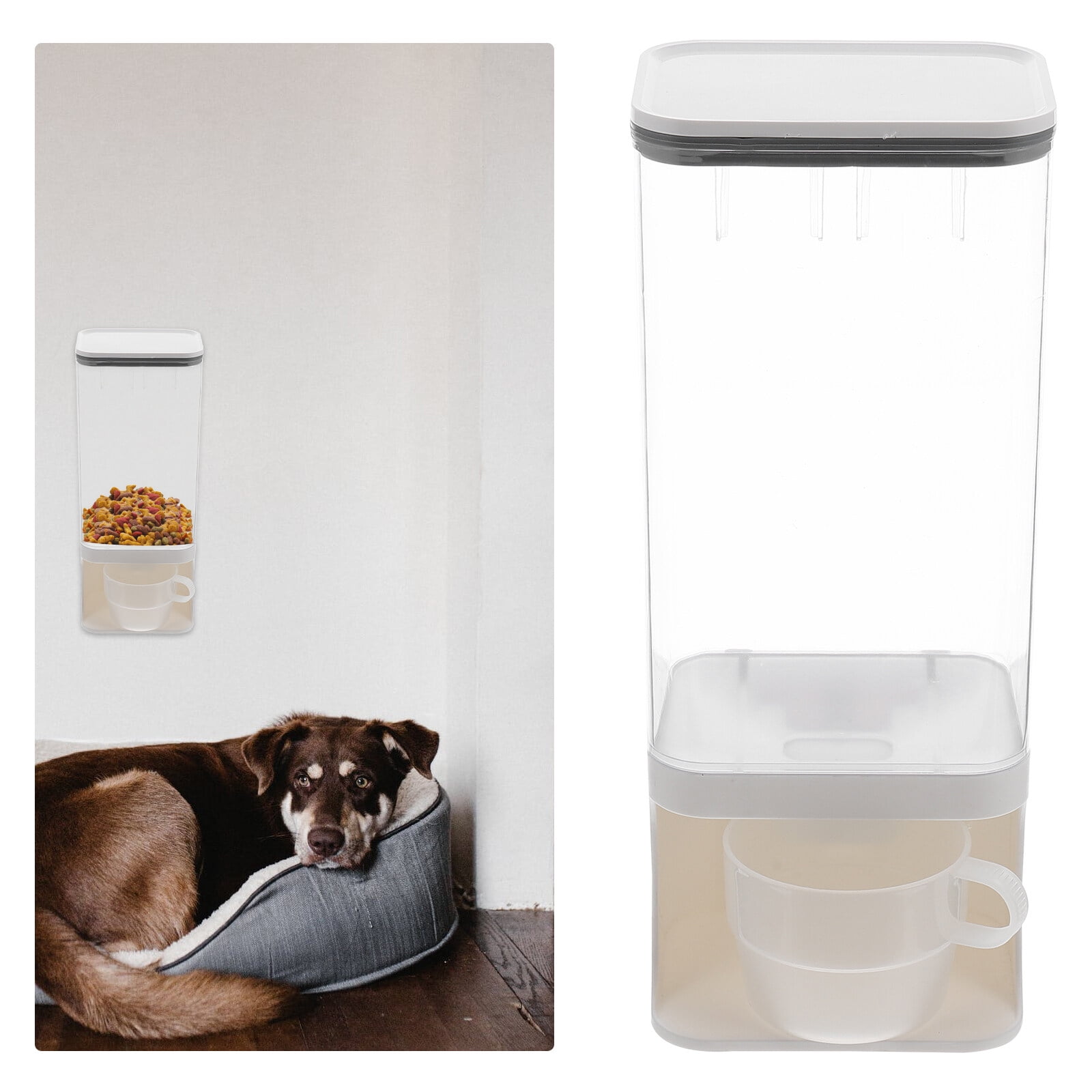 Pet Food Storage Container with Cup Wall mounted Food Dispenser