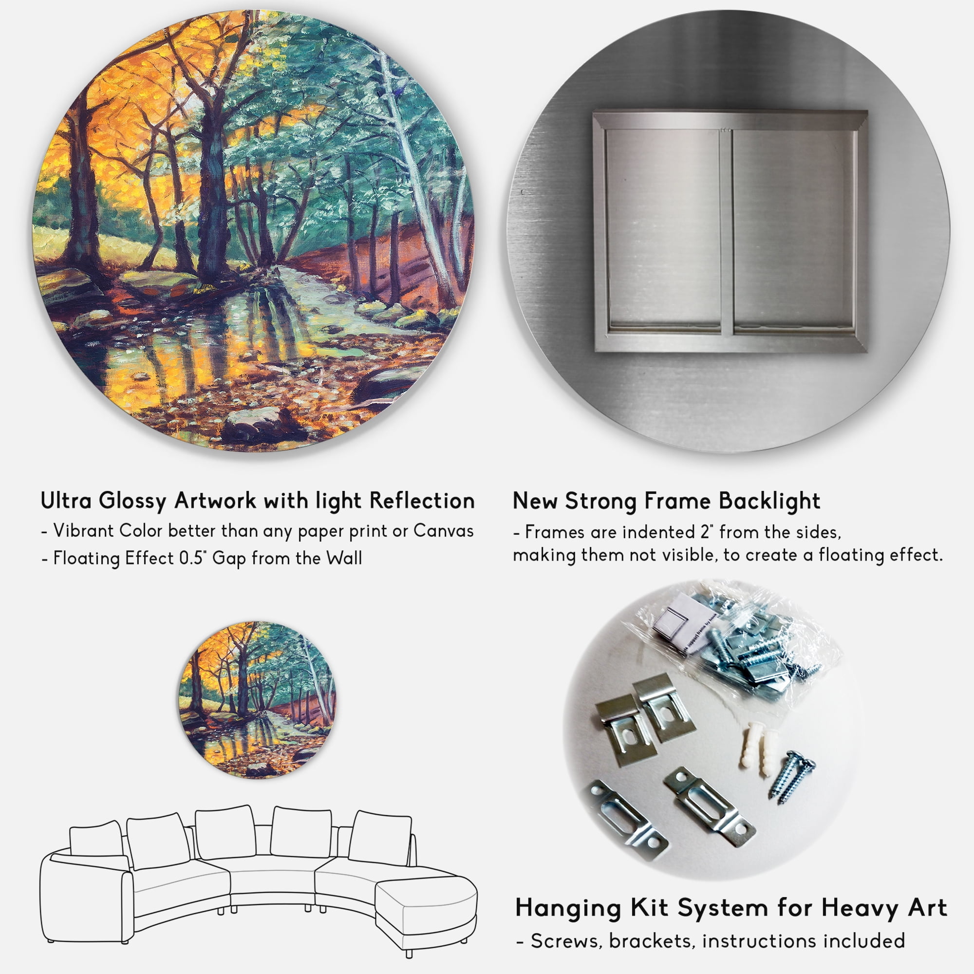 Designart 'Landscape With Autumn Forest Sunset River' Traditional Circle Metal Wall Art 29x29 - Disc of 29