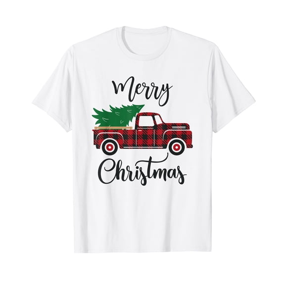 Merry Christmas Tree Buffalo Truck Tree Red Plaid Christmas White T-Shirt