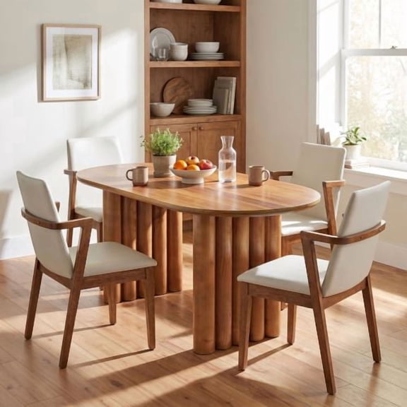 5-Piece Oval Dining Set with PU Upholstered Chairs and Sculptural Cylindrical Leg Base, Modern Kitchen Table for Dining Room Walnut and Beige and Brown