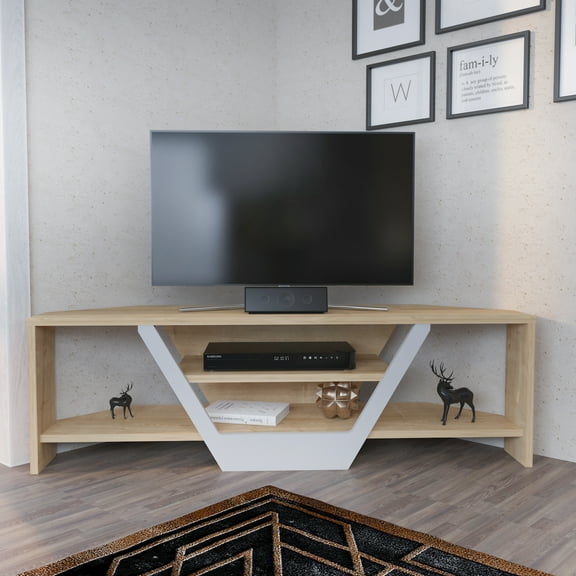 Sares 47'' Corner TV Stand Media Console Table - Modern Design Tv Stand - Natural Oak and White Finish