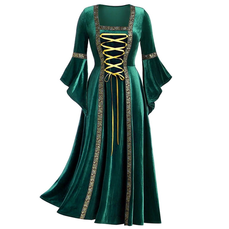 Sxiwei Women Medieval Vintage Gothic Velvet Long Dress Renaissance Flare  Sleeve Lace Up Halloween Green L - Walmart.com