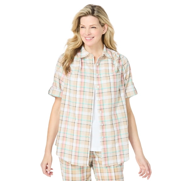 Woman Within Plus Size Petite Short-Sleeve Button-Down Cotton Seersucker Shirt
