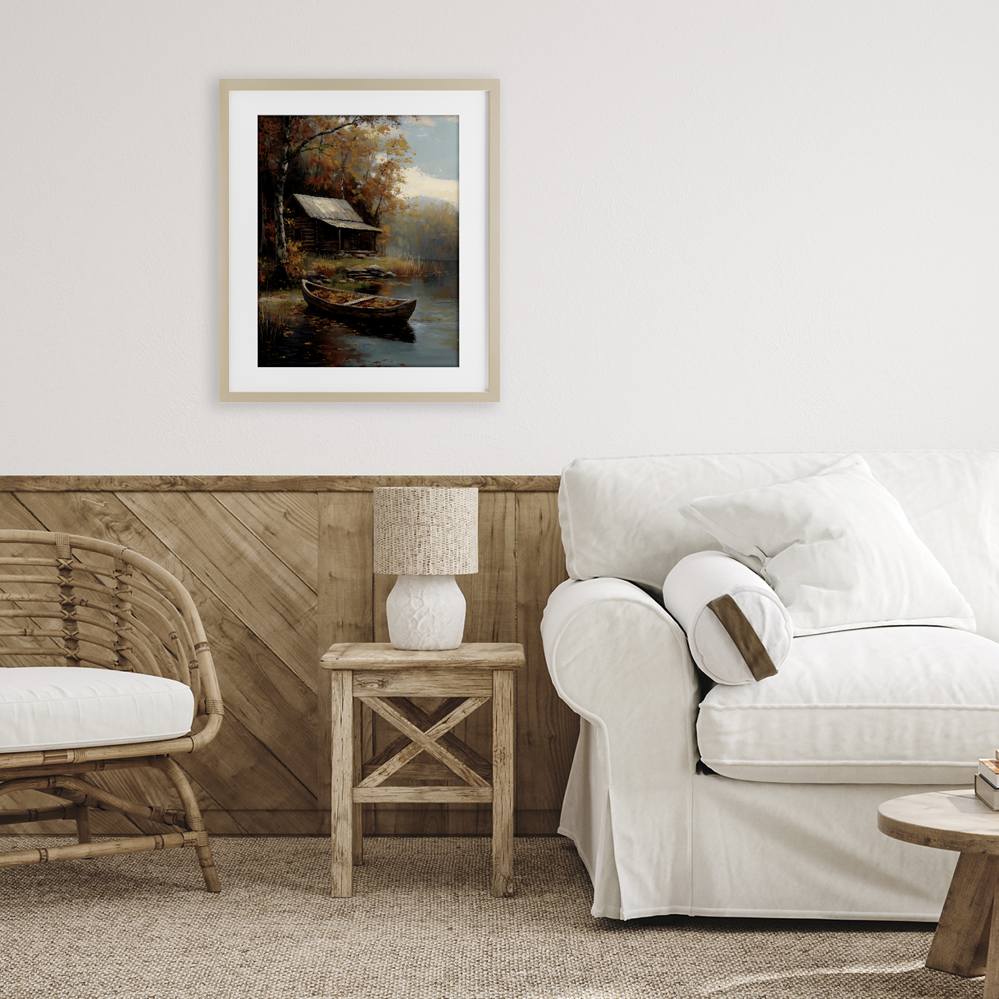 Autumn Cabin Canoe with Leaves Birch Framed Print Under Glass, design by Arlington Prints