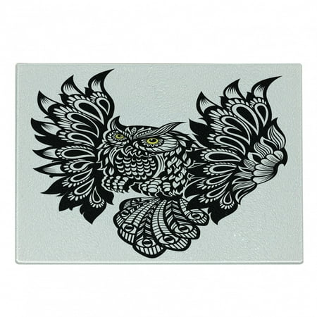 

Owl Print Cutting Board Ornamental Monochrome Bird with Yellow Eyes Image Decorative Tempered Glass Cutting and Serving Board in 3 Sizes by Ambesonne