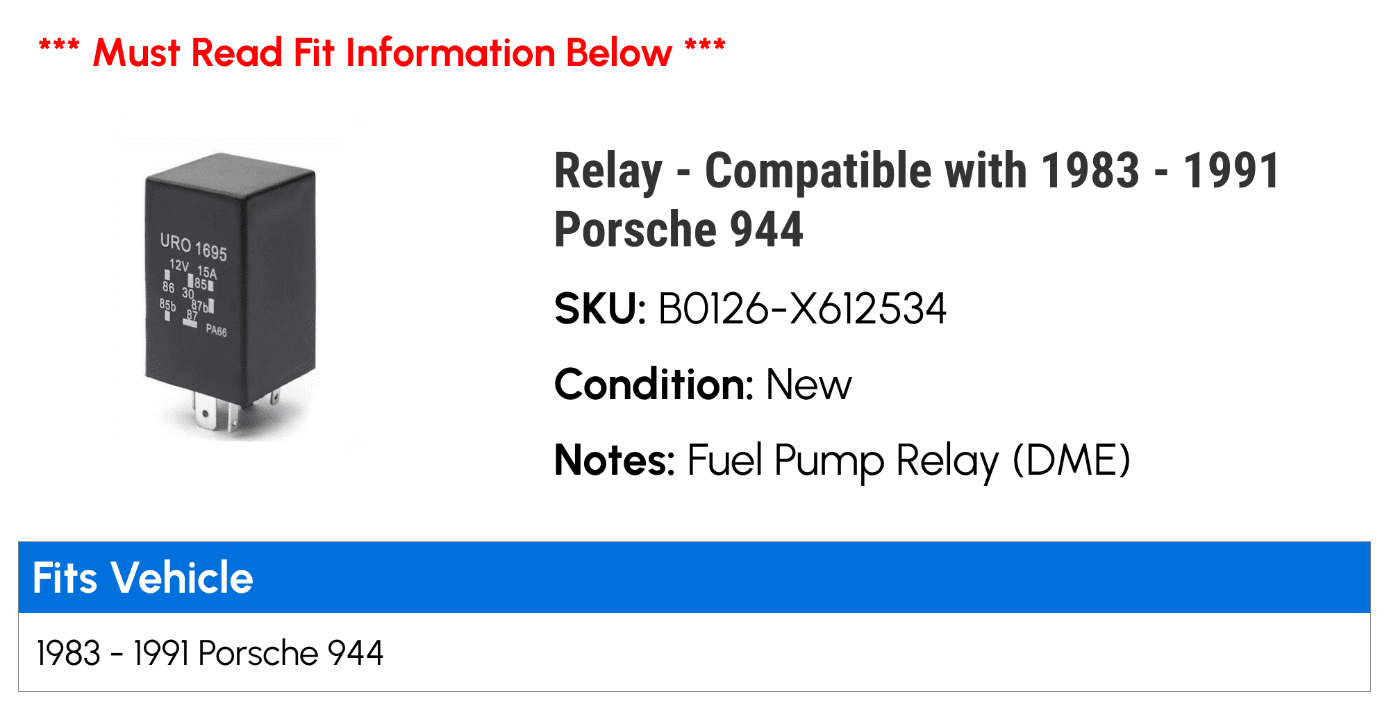 Relay - Compatible with 1983 - 1991 Porsche 944 1984 1985 1986 1987 1988 1989 1990