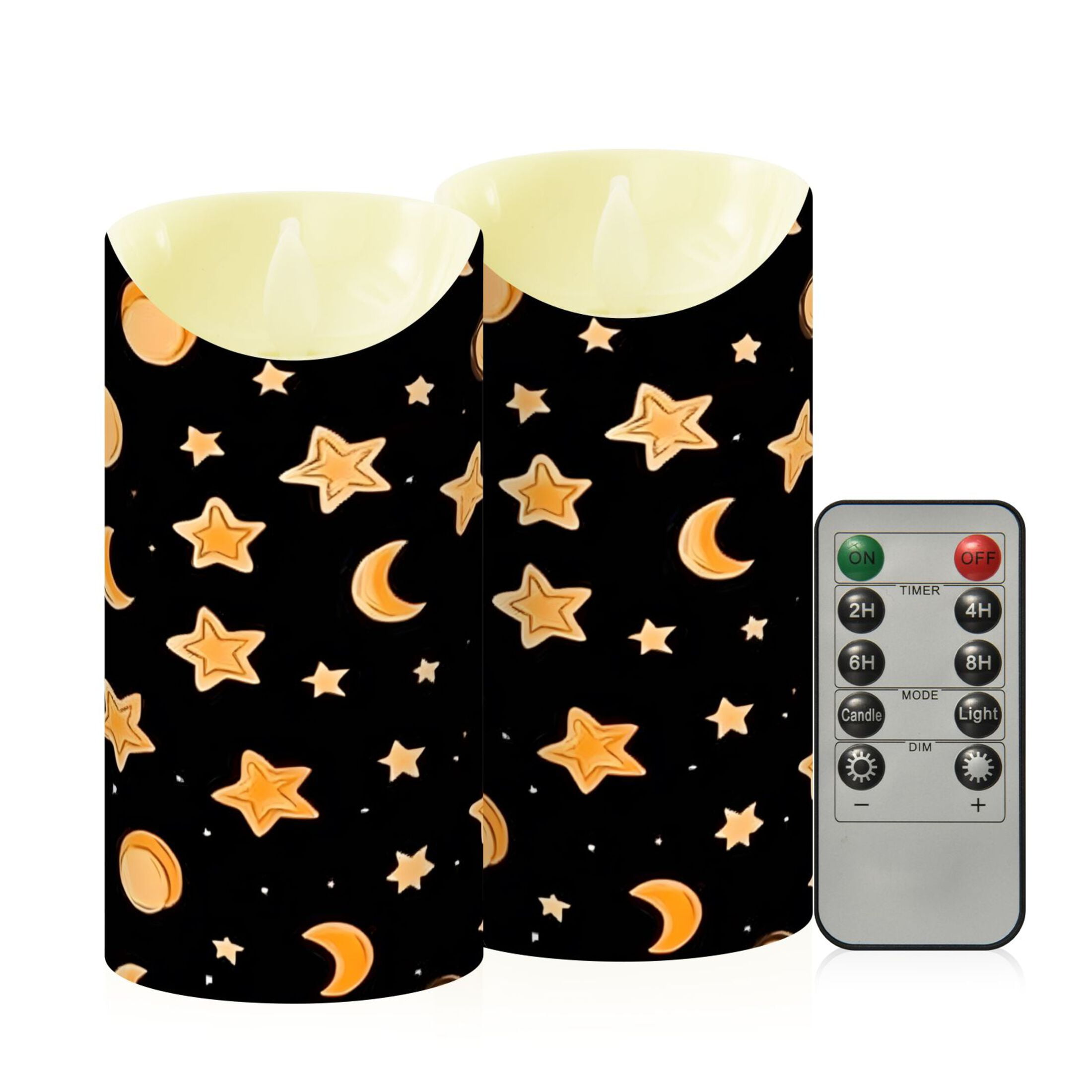 Sun Moon and Stars Flameless Candles 2 PCS with Remote Realistic Moving Flame LED Tapered Pillar Set for Home Decor