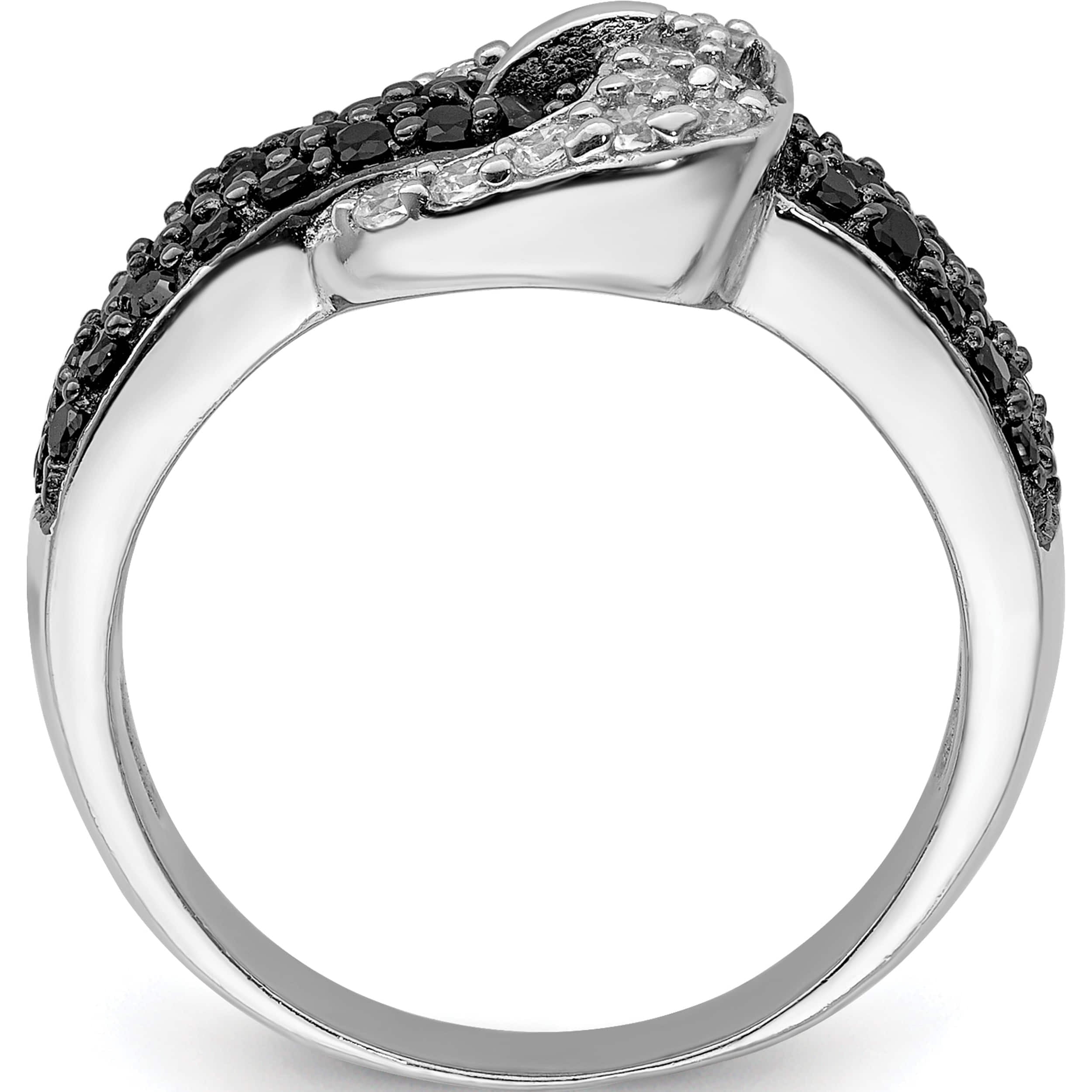 Sterling Silver Rhodium Black And Clear Cz Buckle Ring (Size