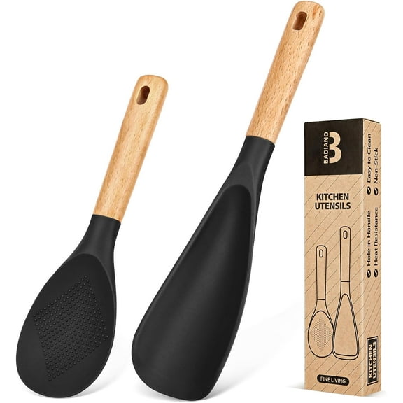 Badiano 2 Pcs Wood Handle Silicone Cooking Spoon Rice Scoop Set for Serving Scraping, Black, New