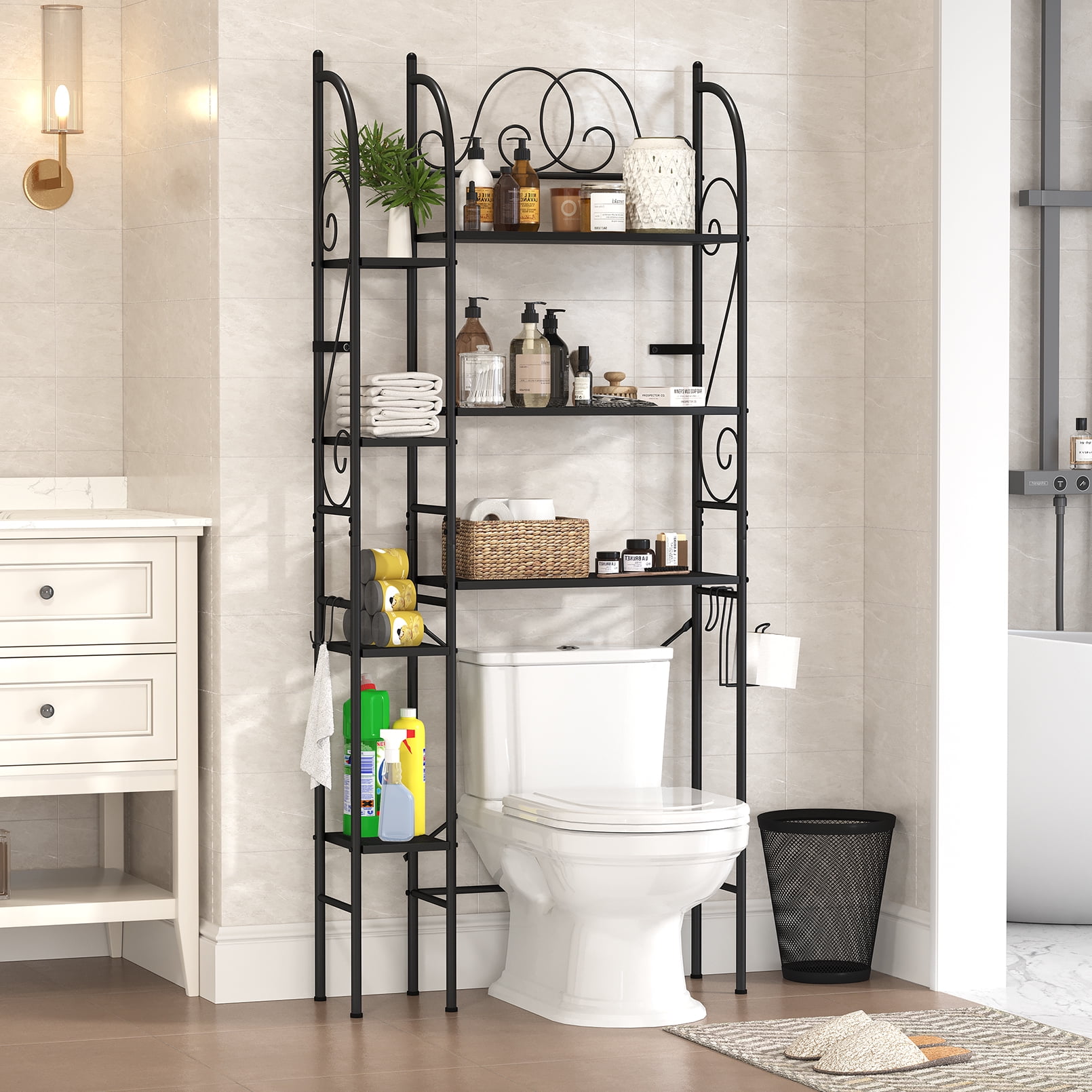 7-Tier Over the Toilet Storage Rack, Heavy-Duty Metal Bathroom Organizer with Adjustable Shelf, Dual Toilet Paper Holders, Side Hooks, Space Saver for Small Bathroom Storage, Black