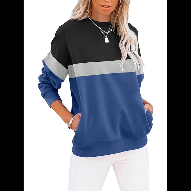 Sudadera Informal de Larga con Bloques de Color para Mujer, Cuello Redondo, Corte Holgado y Bolsillos. Azul Marino M