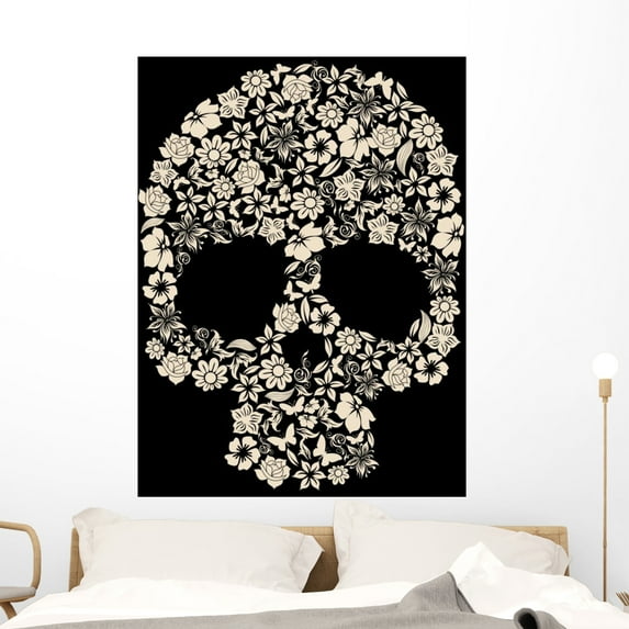 Flowers Ornated Human Skull Wall Mural by Wallmonkeys Peel and Stick Graphic (48 in H x 36 in W) WM122423
