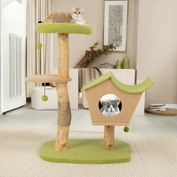 Pefilos 43" Cat Tree Tower with Luxury Condo for Indoor Large Cats with Scratching Posts, Wood Kittens Pet Activity Tree, Green