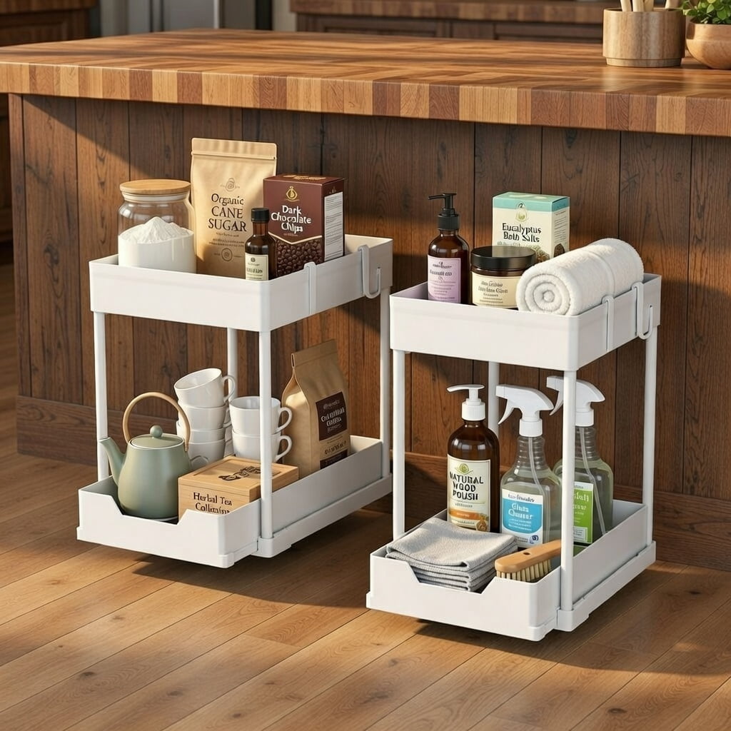 2-Tier Pull-Out Cabinet Organizer Sliding Storage Shelf - Under Sink or Kitchen Cabinet Organizer with Baskets and Hooks