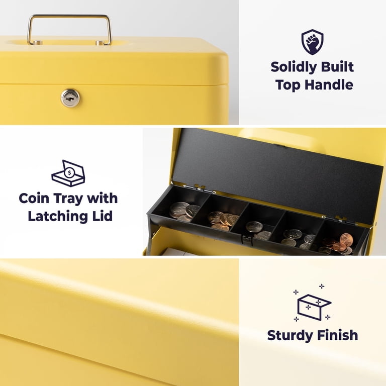 WK-ke-29 Volcora Large Cash Box With Key Lock, Metal Money Box For Cash, Portable Locking Safe Box With Coin Tray, Durable Money Saving O