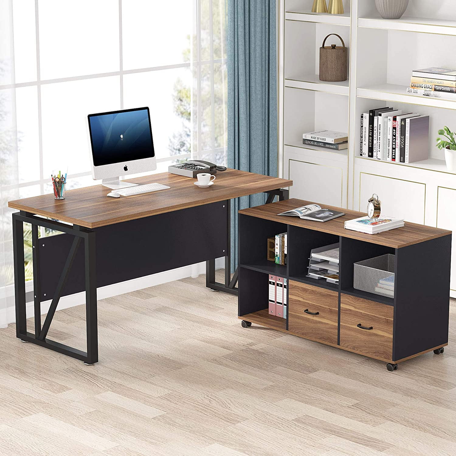Modern Computer Desk 47/55in Executive Office Desk with Drawer & Storage Cabinet 