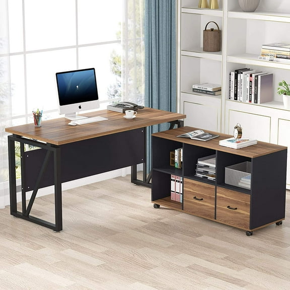 Tribesigns L-Shaped Computer Desk, 55 inches Executive Desk with File Cabinet, Gaming Desk Business Furniture with Drawers and Storage Shelves, Home Office Table