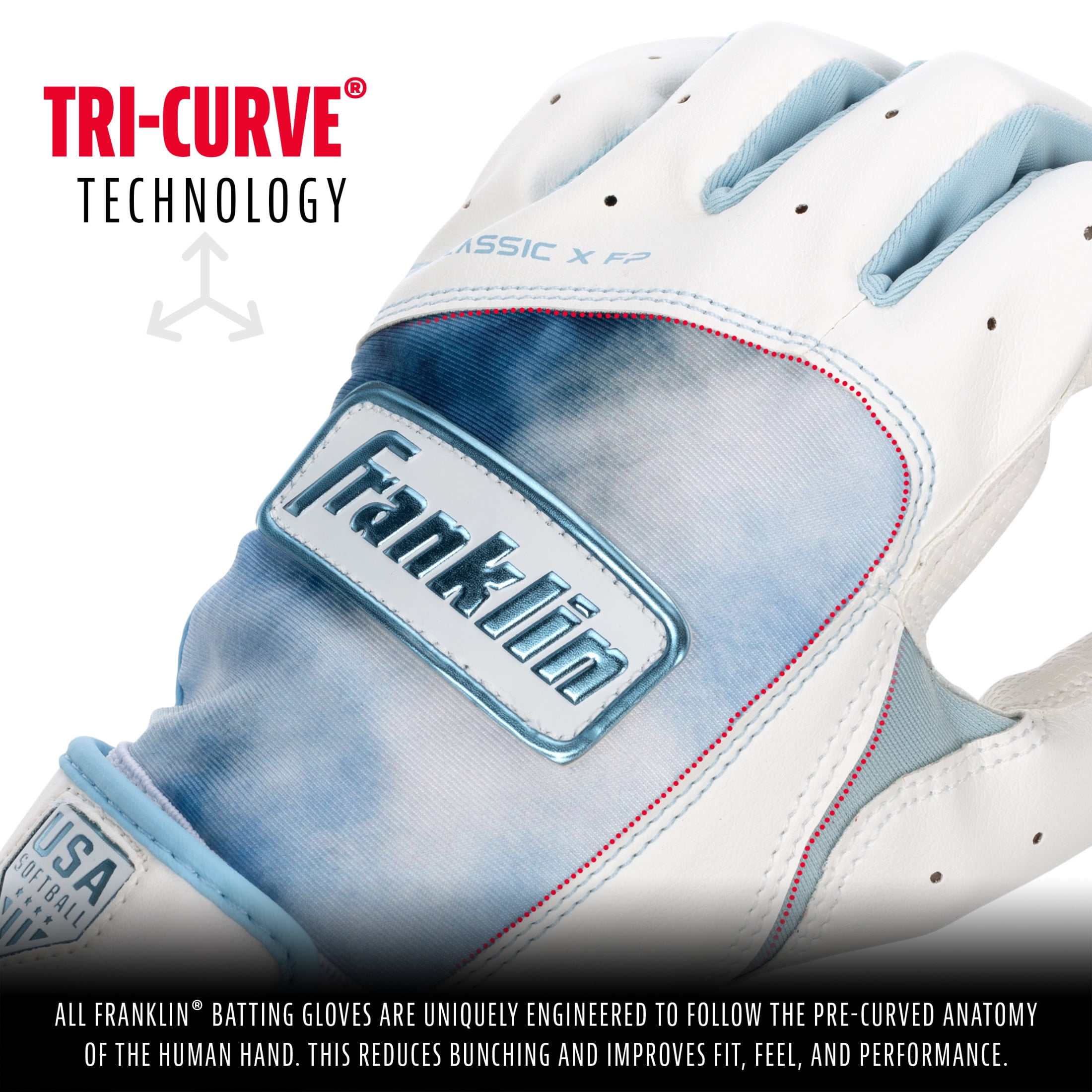 Franklin Sports USA Softball Women's Softball Batting Gloves - Classic X Fastpitch + Slowpitch Softball Girls Batting Gloves - Youth Girls Batting Glove Pair - White + Blue - Youth Small