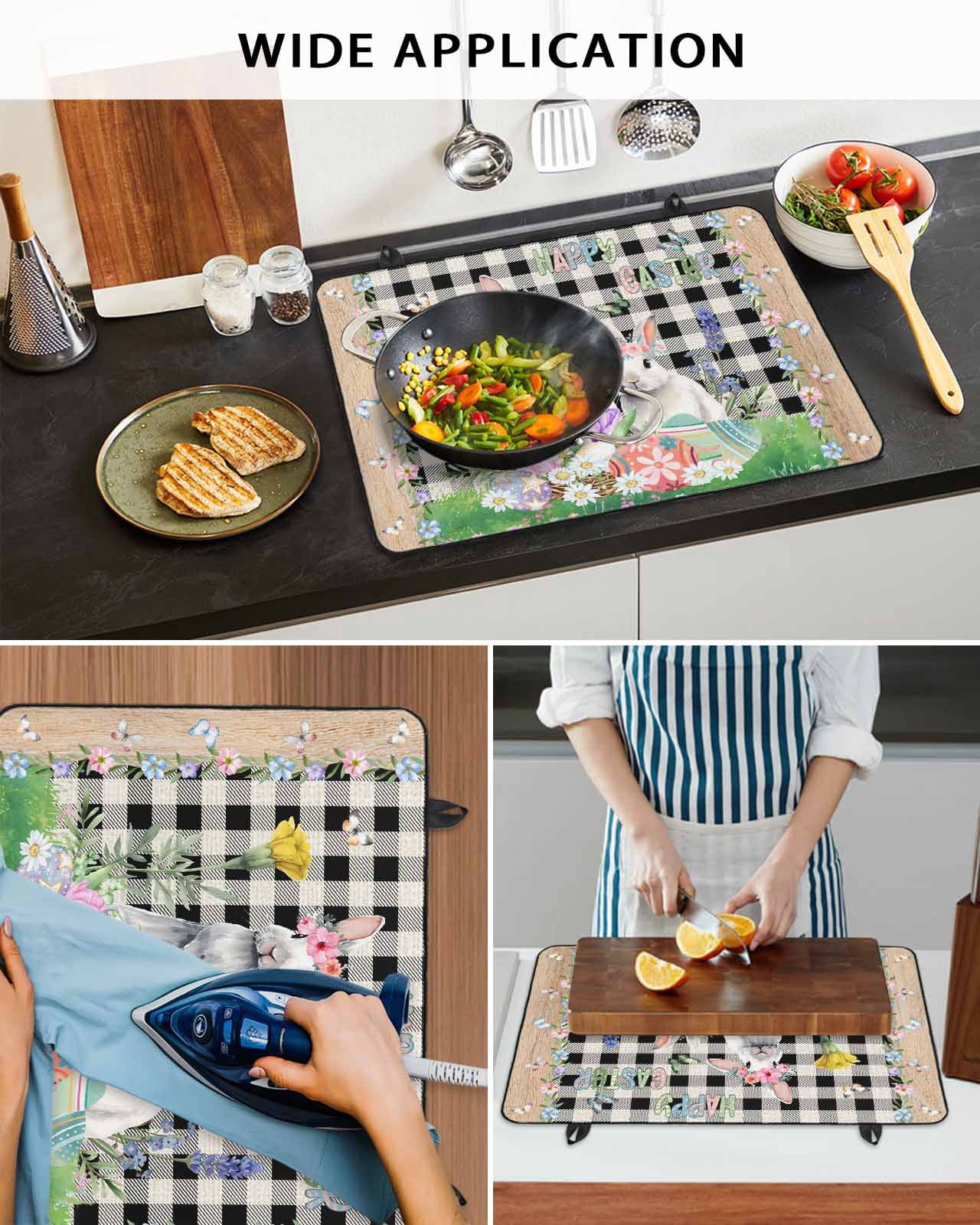 Large Induction Cooktop Protector Mat Easter Stove Top Covers for Electric Stove, Spring Rabbit Flowers Colorful Eggs Black Lattice Decorative Stove Burner Cover Mats, Glass Top Stove Cover