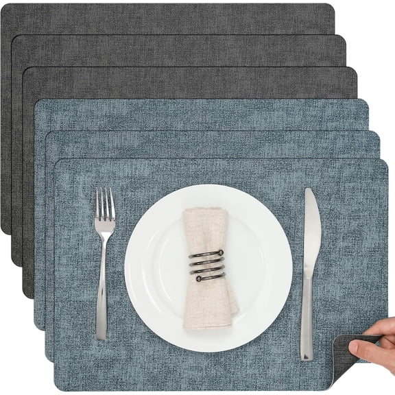 KOKLE Faux Leather Placemats Set of 6, 17" x 12" Dual Sided Washable Non-Slip Table Placemats for Kitchen Dining Table, Gray Light Blue
