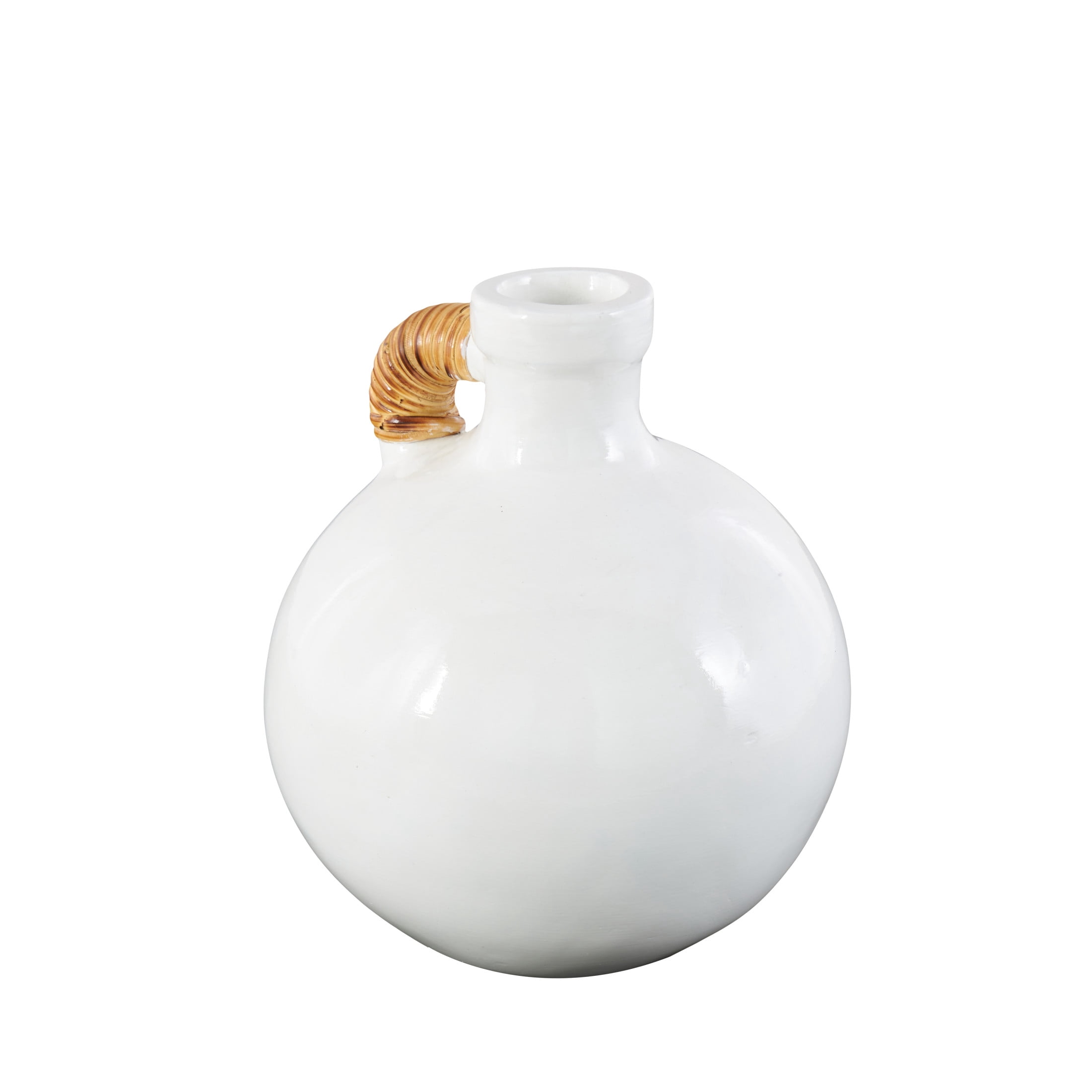 DecMode 11" Jug Inspired White Ceramic Vase with Rattan Wrapped Handle