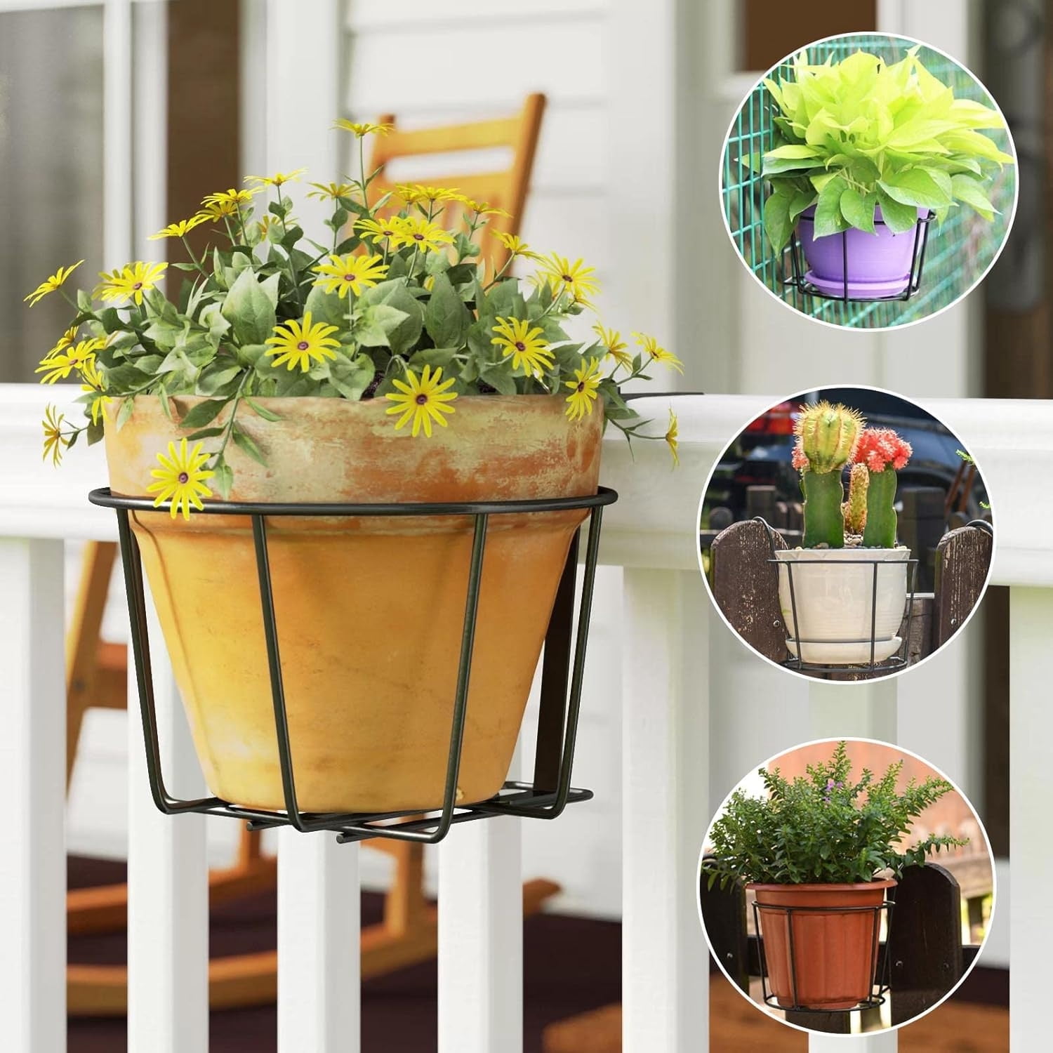 4Pcs Hanging Railing Planter,Over the Rail Flower Pot Holder Hanger, Balcony Planters Railing Hanging, Round Plant Baskets Metal Potted Stand Mounted Deck Porch Patio for Indoor Outdoor, Black