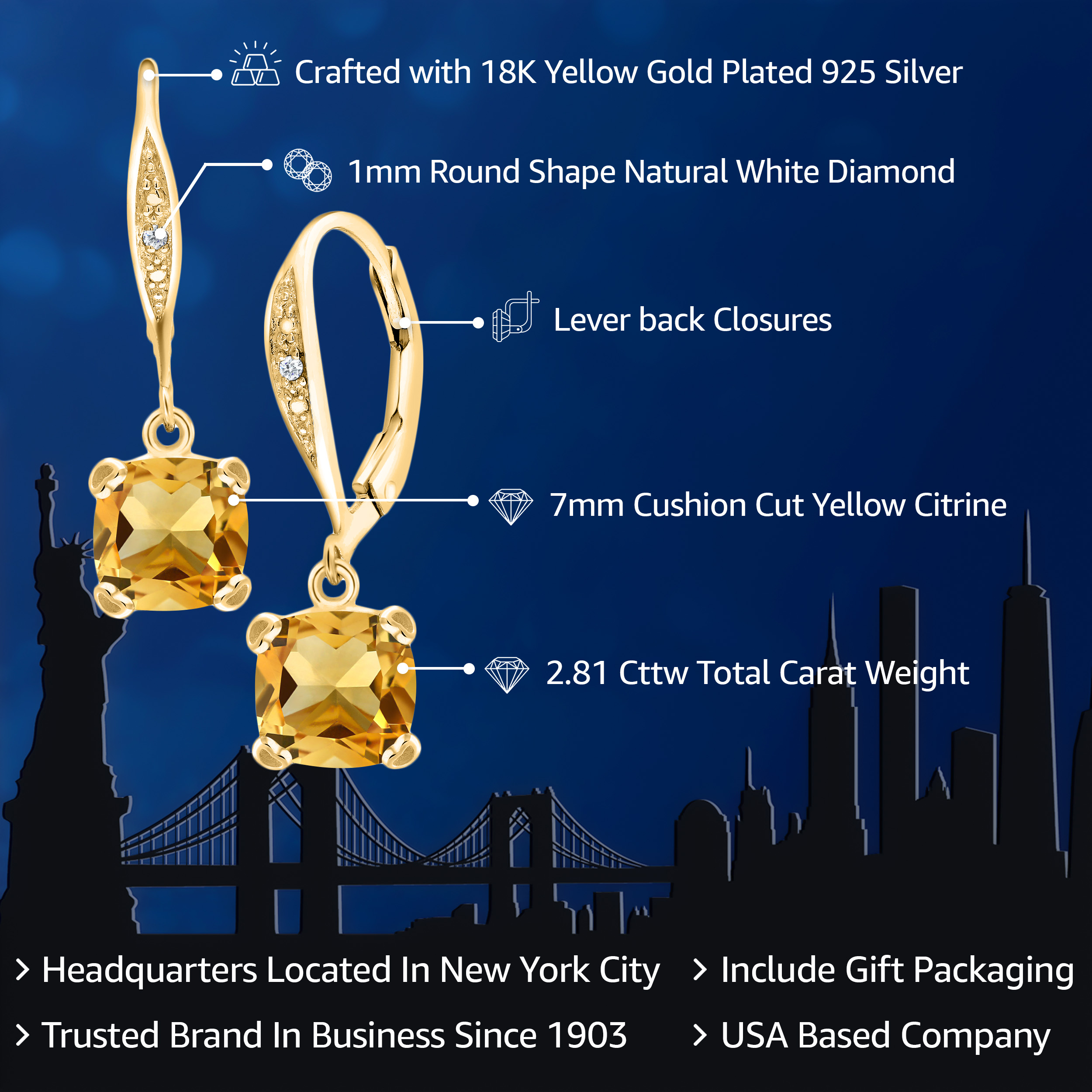 Gem Stone King 18K Yellow Gold Plated Silver Yellow Citrine and White Diamond Earrings for Women (2.81 Cttw, Gemstone November Birthstone, Cushion 7MM)