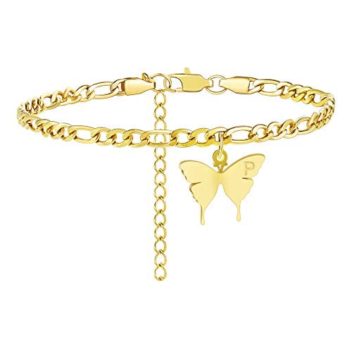 TONY & SANDY Butterfly Initial Ankle Bracelet 18K Gold Plated Anklet Charm with Letter Alphabet Engraved Stainless Steel Figaro Link Chain Personalized Adjustable Barefoot Jewelry for Women Teen Girl