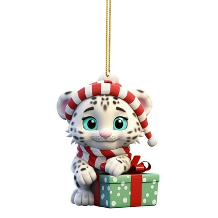 

String Beads Snow Leopard Baby Christmas Tree Hanging Charm Snow Leopard Baby Car Decoration Bag Hanging Flat Acrylic Christmas Tree Pendant Hanging