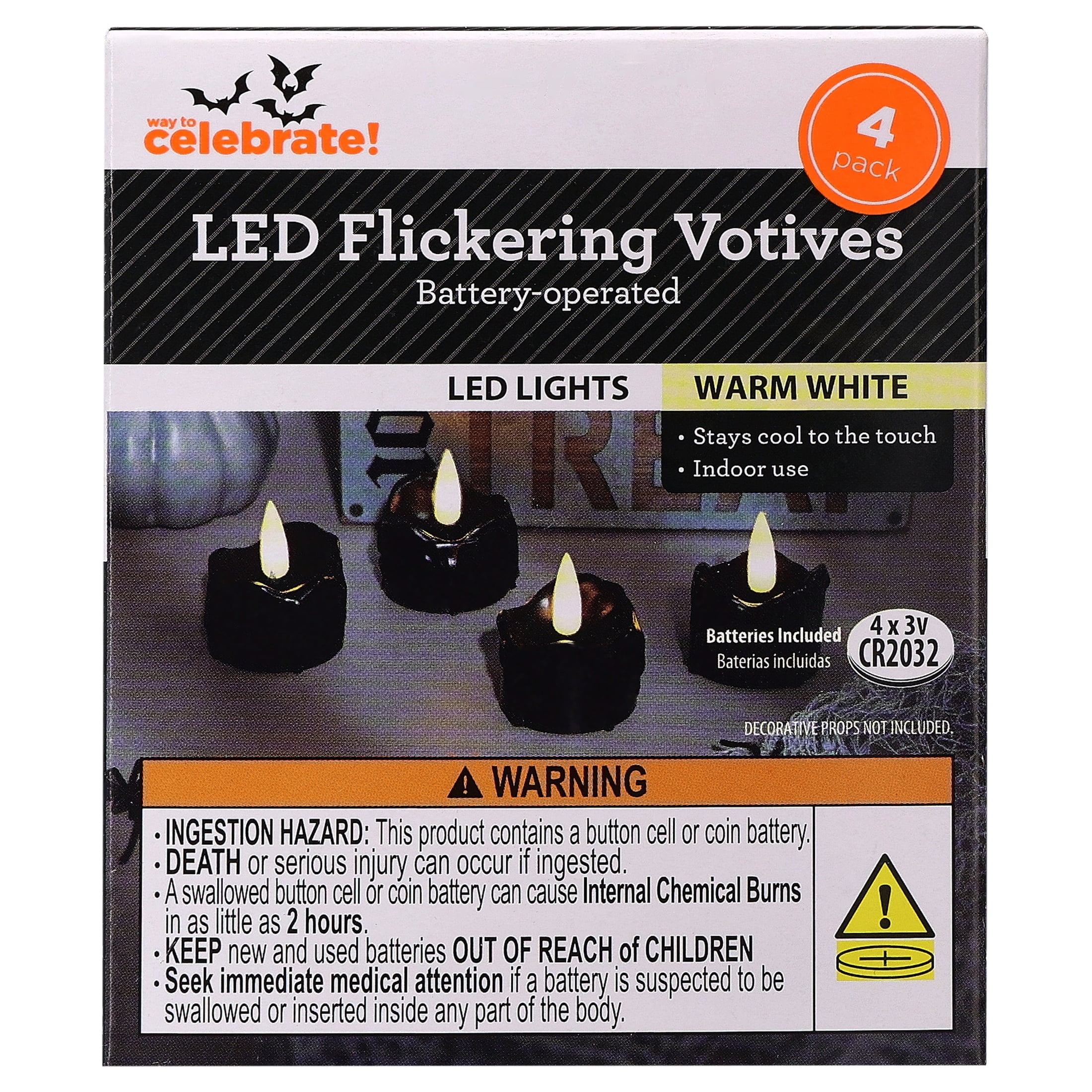 Battery-Operated LED Flickering Votives, Black, 4 Count, Halloween by Way To Celebrate