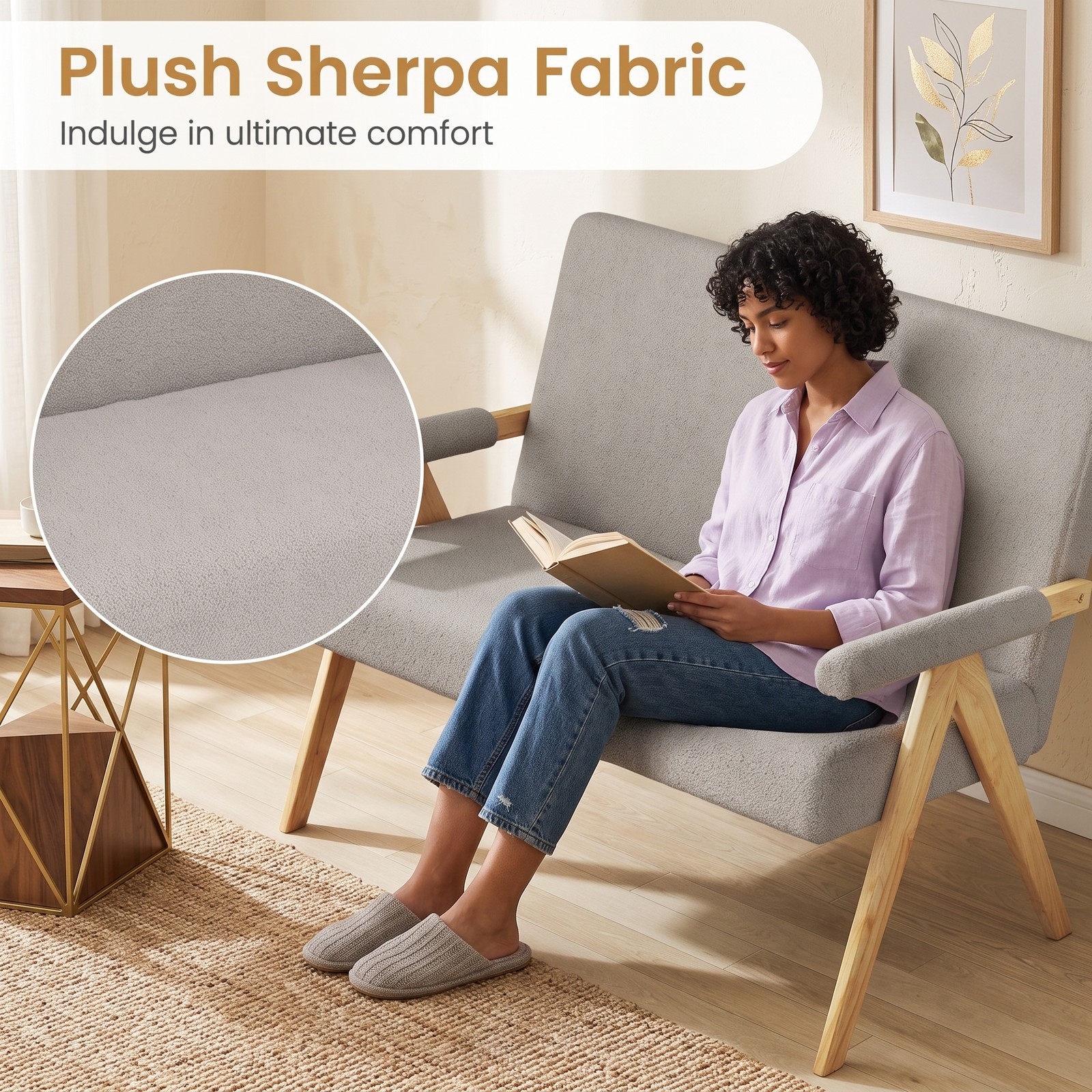 Furnibear Modern Loveseat Sofa for Small Spaces, Upholstered 2-Seat Couch with Cushioned Armrests, Soft Sherpa Fabric Loveseat on Sturdy Rubber Wood Legs for, Gray