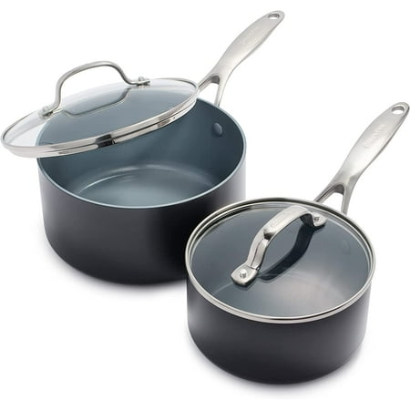

Valencia Pro Hard Anodized Healthy Ceramic Nonstick 2QT and 3QT Saucepan Pot Set with Lids PFAS-Free Induction Dishwasher Safe Oven Safe Gray