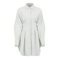 thumbnail image 3 of Female Button Up Long Sleeve Mini T Shirt Dress Lapel Collar Pleated Flared Short Dresses White L, 3 of 9