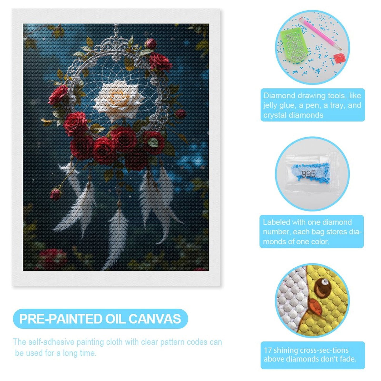 Diamond Art Kits for Adults, Dreamcatcher Rose Feathers Art Gem 5D Diamond Painting Kits for Adults Beginners, DIY Full Drill Diamond Painting, Gem Art and Crafts 12x16