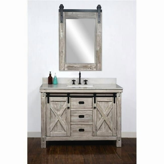 InFurniture WK8548-W-AP TOP 48 in. Rustic Solid Fir Barn Door Style Single Sink Vanity in White Wash with Arctic Pearl Quartz Marble Top - No Faucet - 49 x 34.6 x 22 in.