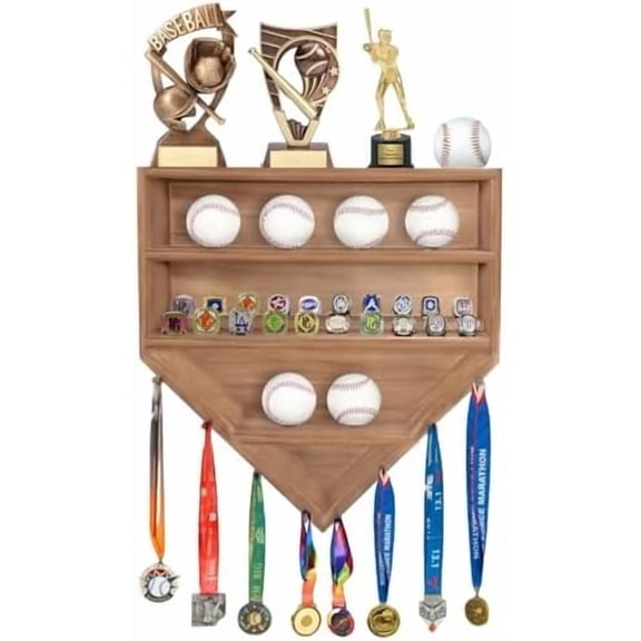 Wooden Baseball Holder Display Case Championship Ring Display Case Wall Mounted for Balls, Rings, Medals, Trophies$$Storage