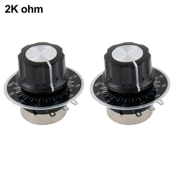 2Pcs Single Turn Rotary Potentiometer, Carbon Film Variable Resistor For Motor Speed Control, 100 Ohm To 5K Ohm Adjustable, 6Mm Shaft With Knob, Black/Silver 2K Ohm