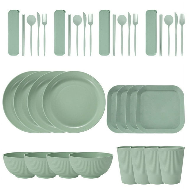 Nvzi Wheat Straw Dinnerware Sets, 36-Piece Plates and Bowls Sets, Cutlery, Microwave Safe Unbreakable Dinnerware for Parties, Picnic, College Dorm, Camping Light Green