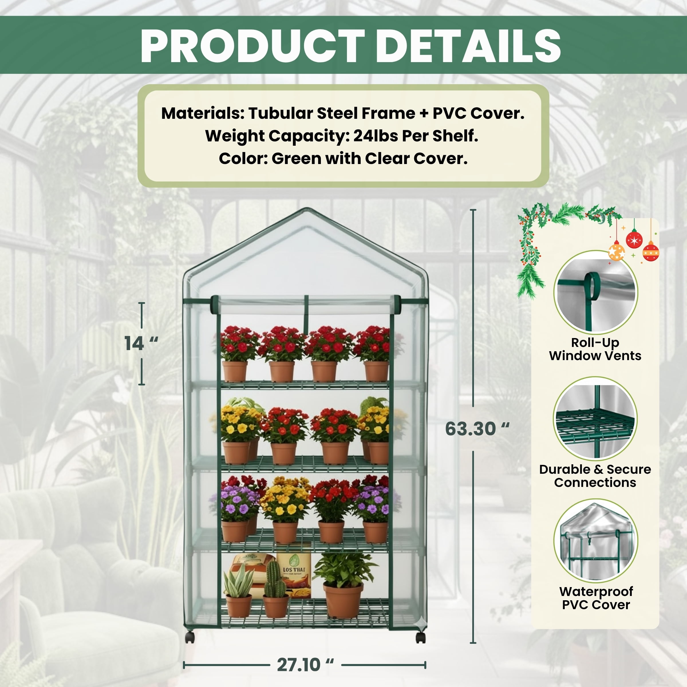 Home-Complete 4 Tier Mini Greenhouse with Locking Wheels and PVC Cover