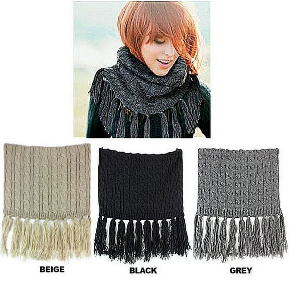 Scarf - Double Layer Cable Knitted With Fringes Neck Warmer – Beige – SF-NK35BE
