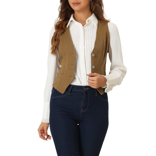 Chaleco de mezclilla sin mangas para mujer INSPIRE CHIC, con cuello en V y botones, color marrón