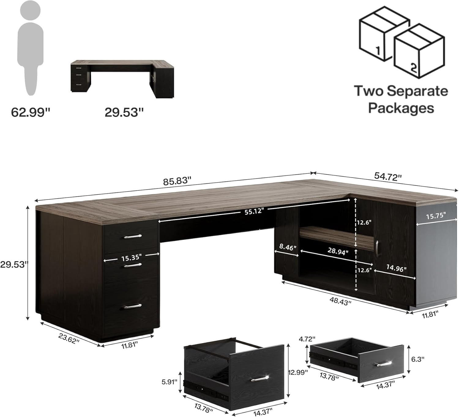 85.8-Inch L-Shaped Executive Desk with File Drawers, Door Cabinet & Shelves