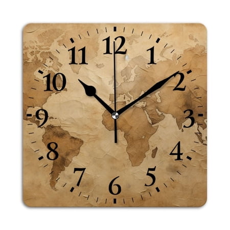 Square Wall Clock,Vintage Paper BackgSquare With World Map,Silent Non-Ticking Wall Clock Decor for Home Office Kitchen Living Room Bedroom(12inch)