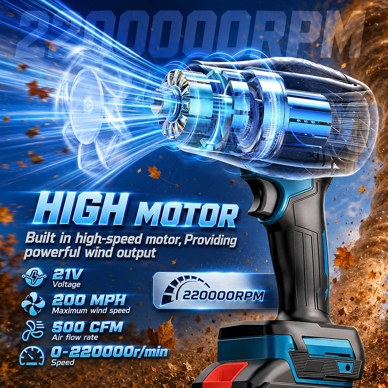 500 CFM Cordless Leaf Blower for Lawn Care 300K RPM Battery Leaf Blower Leaf Blower with 2 x 4.0Ah Battery, Charger, Stepless Speed Adjustment,No Tube